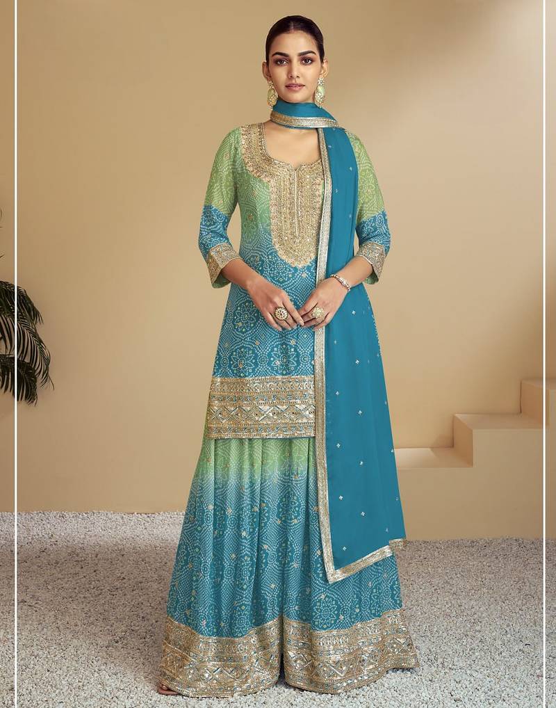 Teal blue heavy chinon printed embroidered palazzo suit