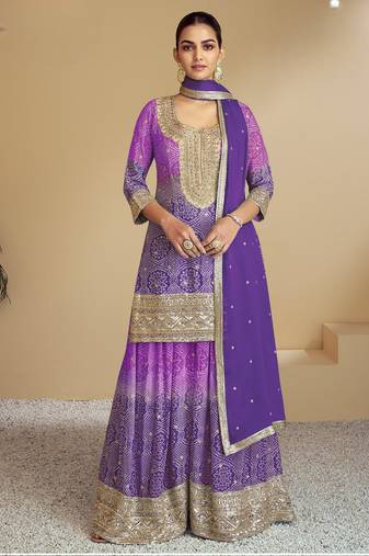 Purple heavy chinon printed embroidered palazzo suit