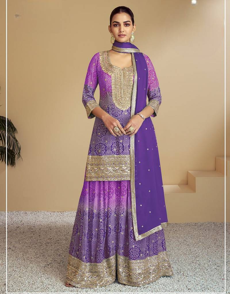 Purple heavy chinon printed embroidered palazzo suit