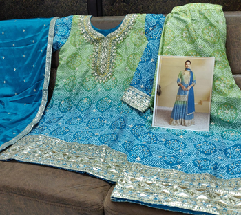 Teal blue heavy chinon printed embroidered palazzo suit 2