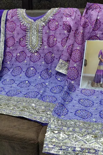 Purple heavy chinon printed embroidered palazzo suit