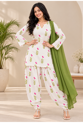 Women's Floral Printed Cotton Short Kurti with Patiala Salwar and Dupatta Set 1