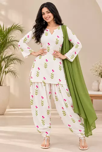 Women's Floral Printed Cotton Short Kurti with Patiala Salwar and Dupatta Set