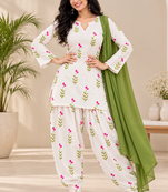Women's Floral Printed Cotton Short Kurti with Patiala Salwar and Dupatta Set