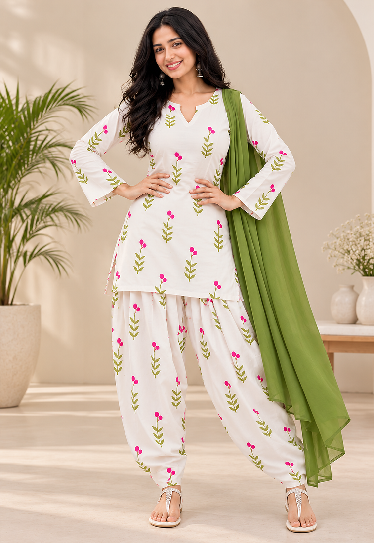 Women's Floral Printed Cotton Short Kurti with Patiala Salwar and Dupatta Set