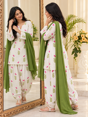 Women's Floral Printed Cotton Short Kurti with Patiala Salwar and Dupatta Set 2