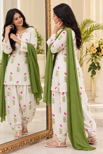 Women's Floral Printed Cotton Short Kurti with Patiala Salwar and Dupatta Set