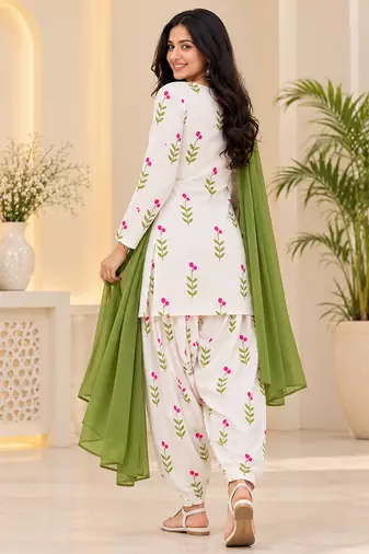 Women's Floral Printed Cotton Short Kurti with Patiala Salwar and Dupatta Set