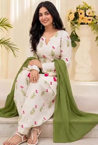 Women's Floral Printed Cotton Short Kurti with Patiala Salwar and Dupatta Set