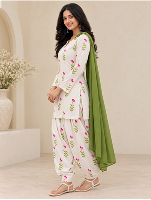 Women's Floral Printed Cotton Short Kurti with Patiala Salwar and Dupatta Set 5