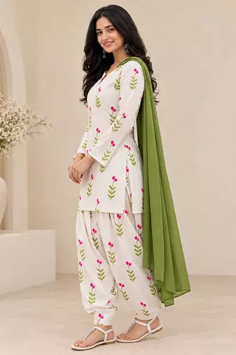 Women's Floral Printed Cotton Short Kurti with Patiala Salwar and Dupatta Set