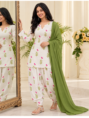 Women's Floral Printed Cotton Short Kurti with Patiala Salwar and Dupatta Set 6