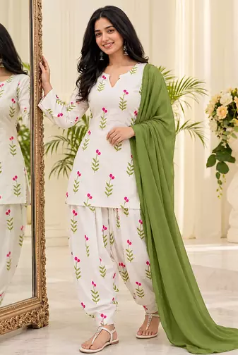 Women's Floral Printed Cotton Short Kurti with Patiala Salwar and Dupatta Set
