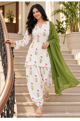 Women's Floral Printed Cotton Short Kurti with Patiala Salwar and Dupatta Set 7