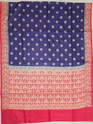 Navy blue silk blend woven saree with blouse 6