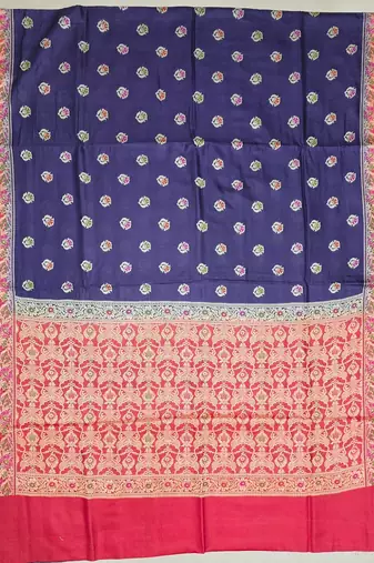 Navy blue silk blend woven saree with blouse