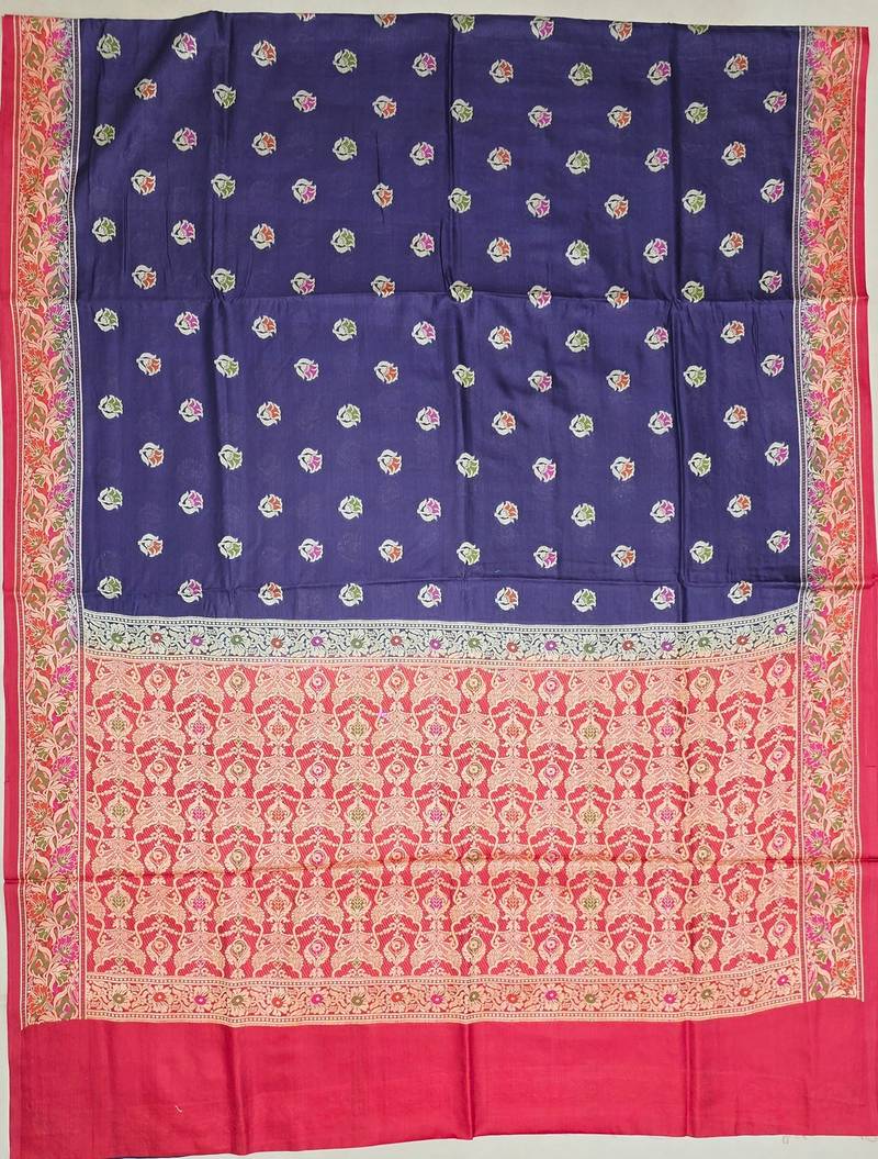 Navy blue silk blend woven saree with blouse
