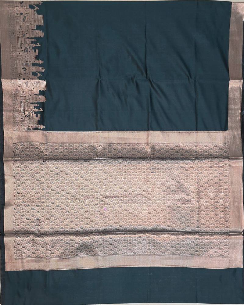 Bottle green katan silk woven saree with blouse