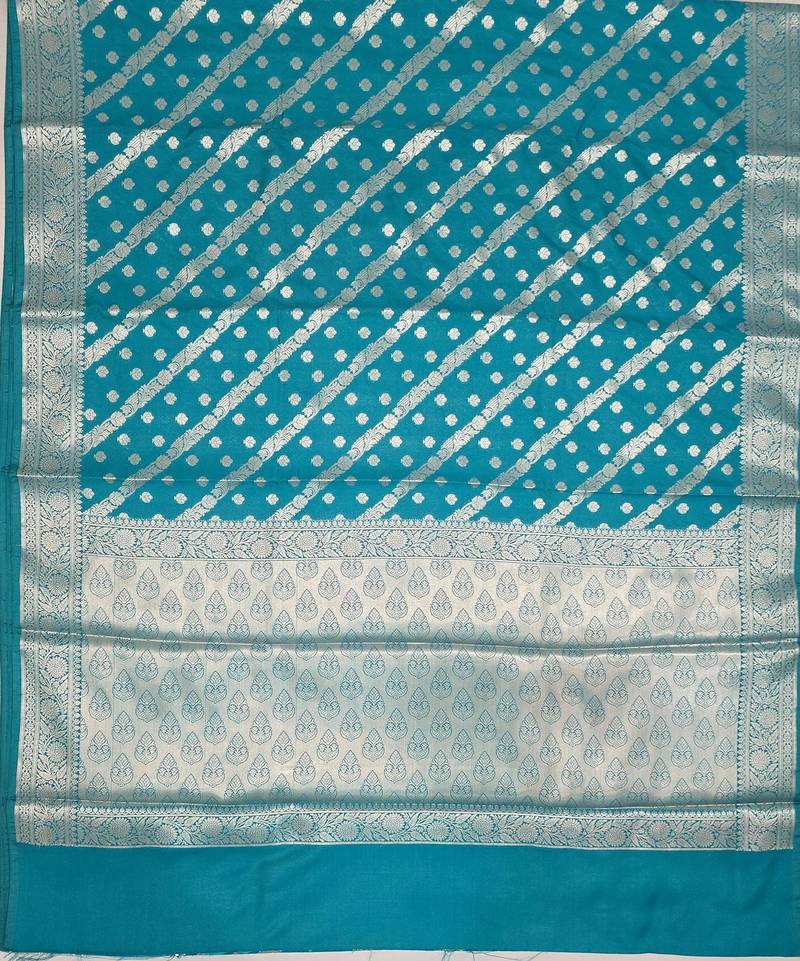 Teal blue katan silk woven saree with blouse