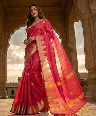 Rani pink katan silk woven saree with blouse 1