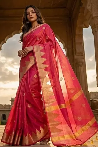 Rani pink katan silk woven saree with blouse