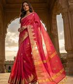 Rani pink katan silk woven saree with blouse