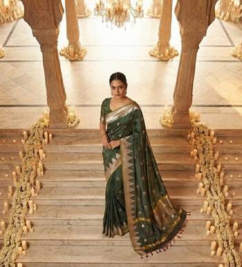 Bottle-green katan silk woven saree with blouse 1
