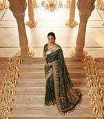 Bottle-green katan silk woven saree with blouse