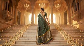 Bottle-green katan silk woven saree with blouse 2