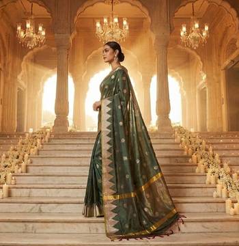 Bottle-green katan silk woven saree with blouse 3