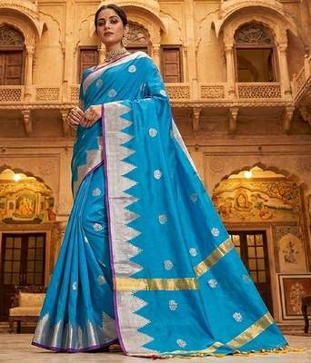 Sky-blue katan silk woven saree with blouse 1
