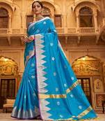 Sky-blue katan silk woven saree with blouse
