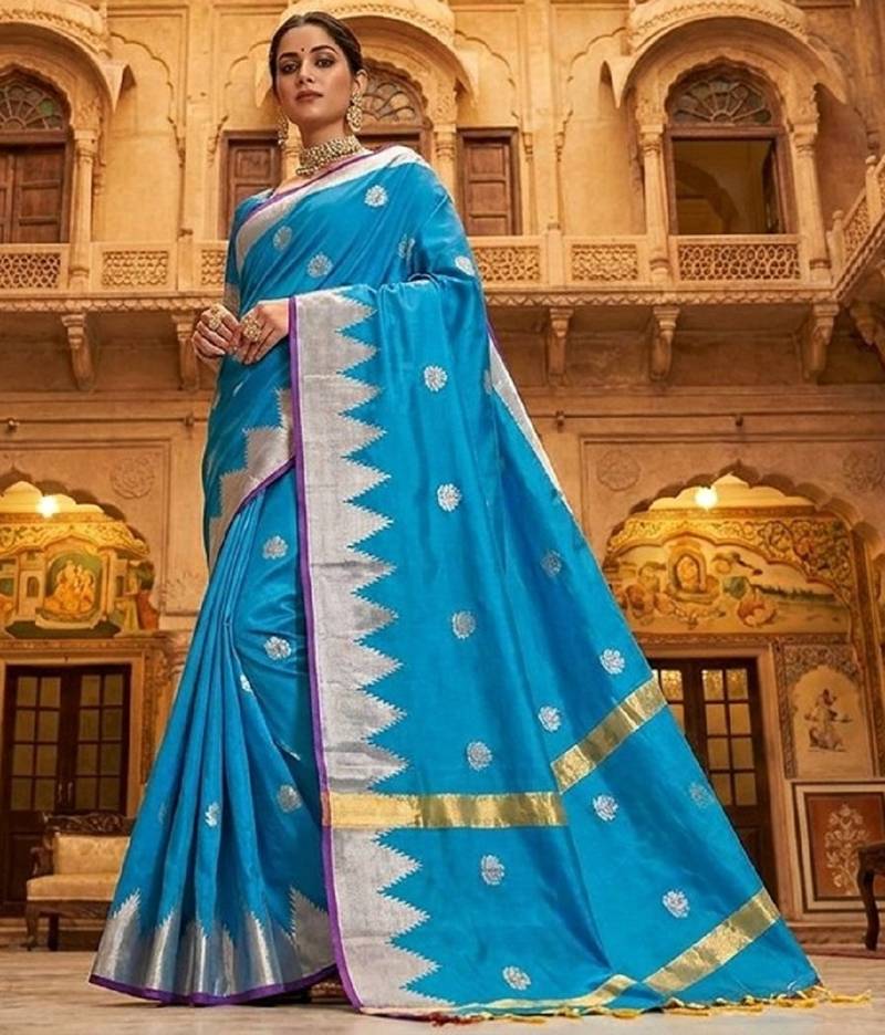 Sky-blue katan silk woven saree with blouse
