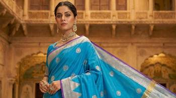 Sky-blue katan silk woven saree with blouse 2