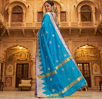 Sky-blue katan silk woven saree with blouse 3