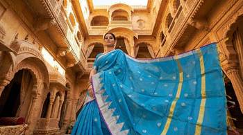 Sky-blue katan silk woven saree with blouse 4