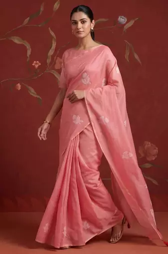 Peach cotton silk woven saree with zari woven