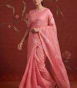 Peach cotton silk woven saree with zari woven