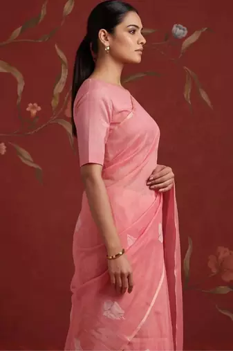 Peach cotton silk woven saree with zari woven