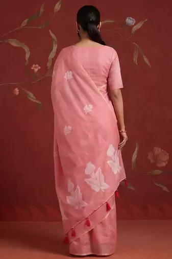 Peach cotton silk woven saree with zari woven