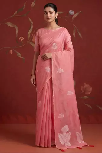 Peach cotton silk woven saree with zari woven