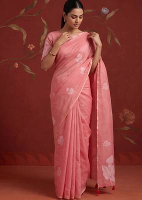 Peach cotton silk woven saree with zari woven 5