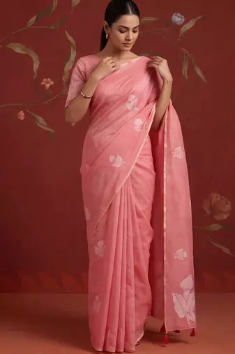 Peach cotton silk woven saree with zari woven