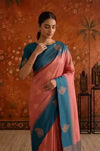 Peach silk blend woven saree with zari woven