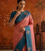 Peach silk blend woven saree with zari woven