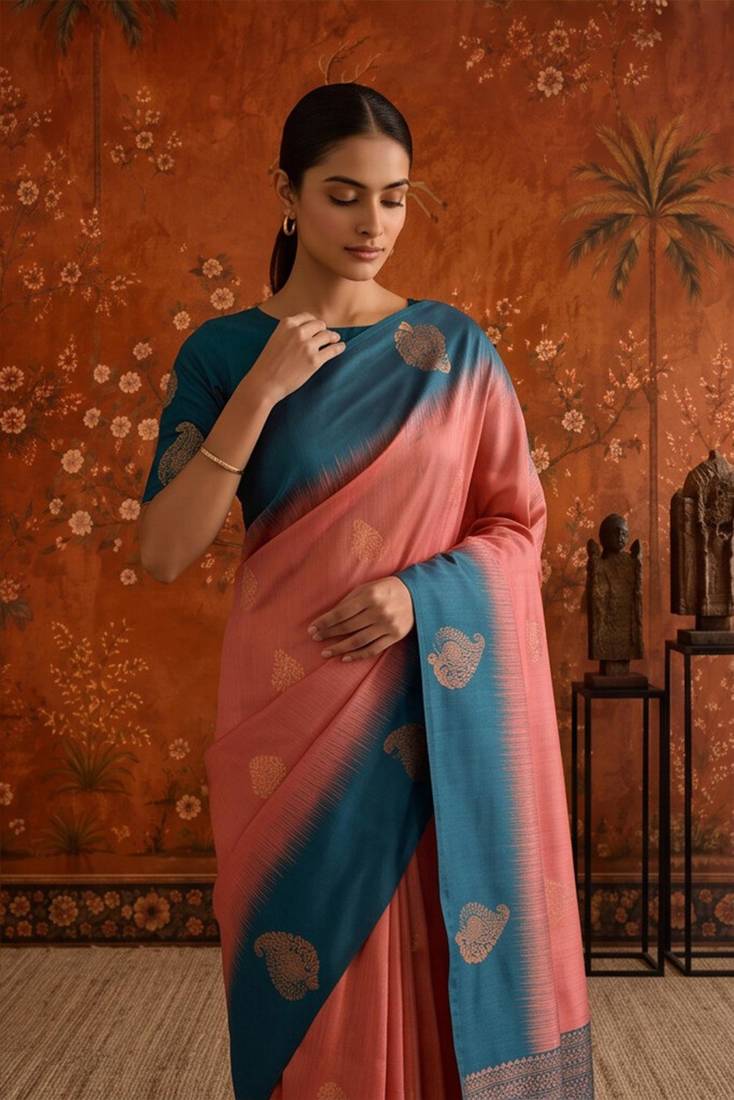 Peach silk blend woven saree with zari woven