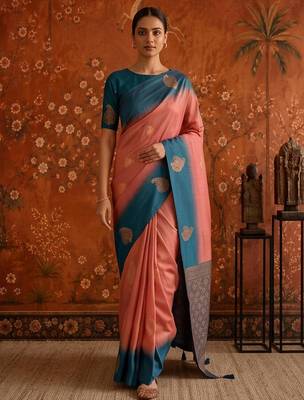 Peach silk blend woven saree with zari woven 2