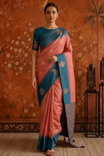 Peach silk blend woven saree with zari woven