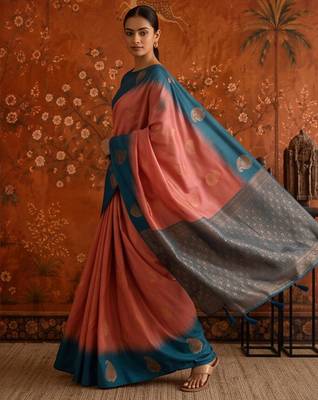 Peach silk blend woven saree with zari woven 3