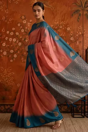 Peach silk blend woven saree with zari woven